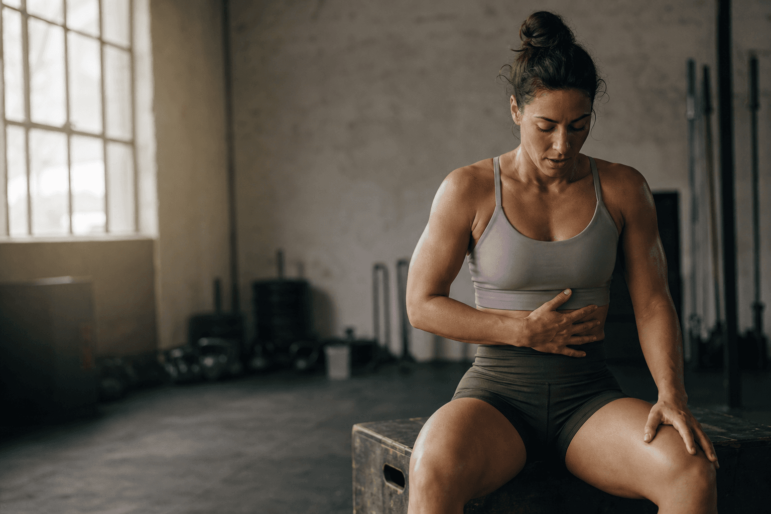 Athlete taking a quiet moment to notice her breathing after training