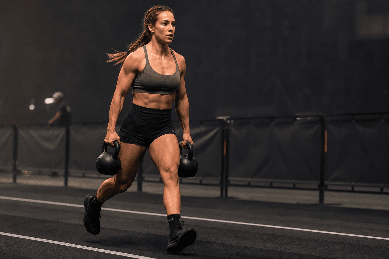 Female athlete moving with a heavy kettlebell carry